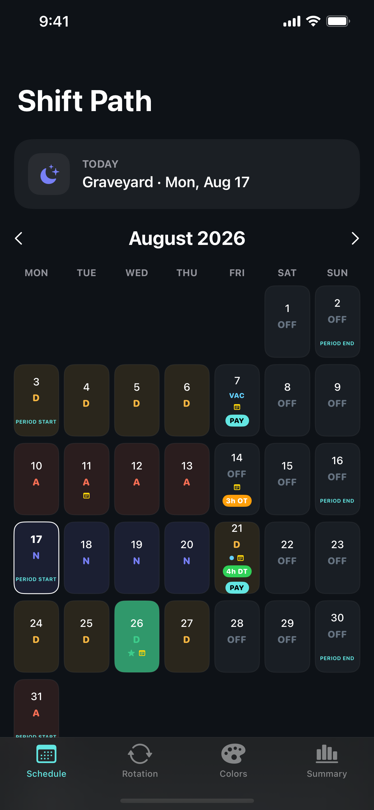 Shift Path monthly calendar showing a rotating work schedule