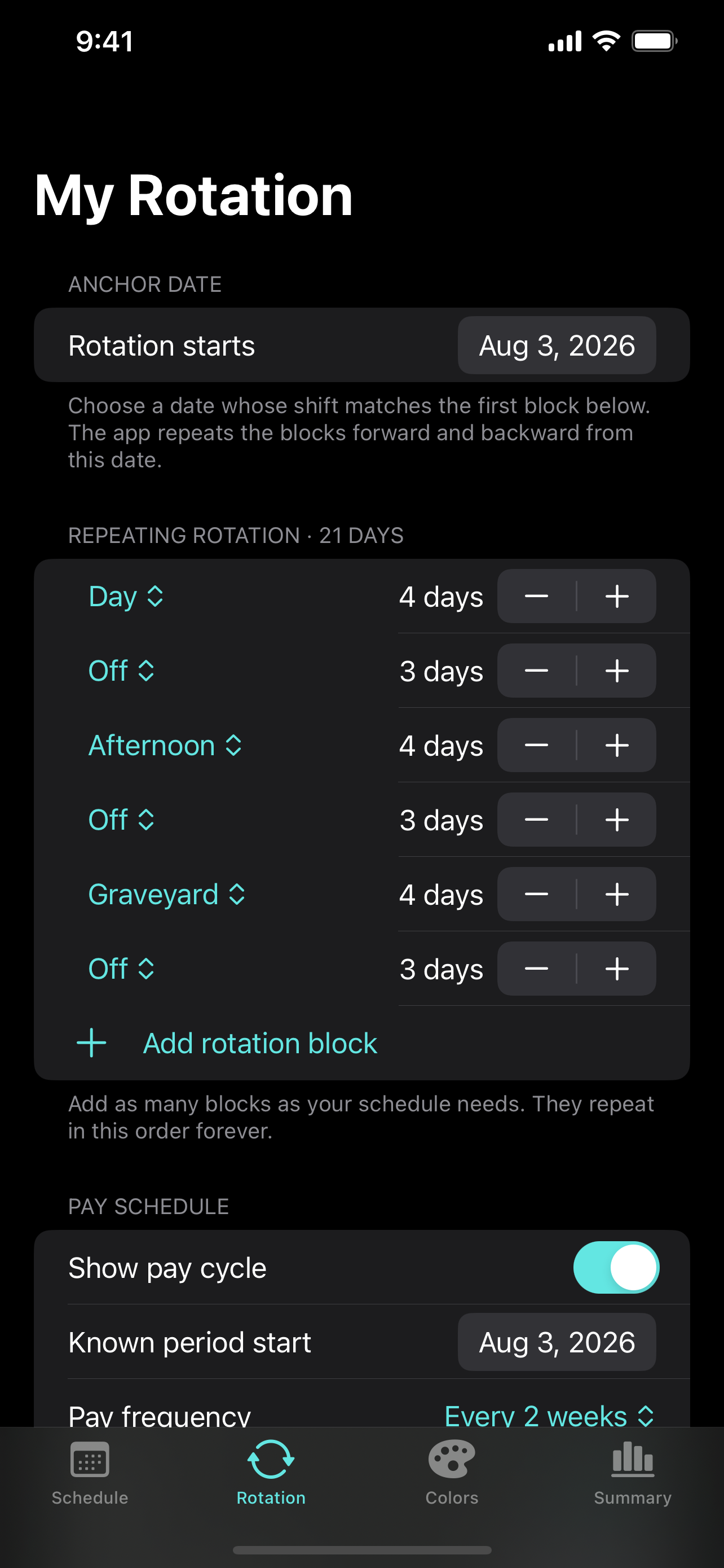 Shift Path rotation builder with customizable work blocks